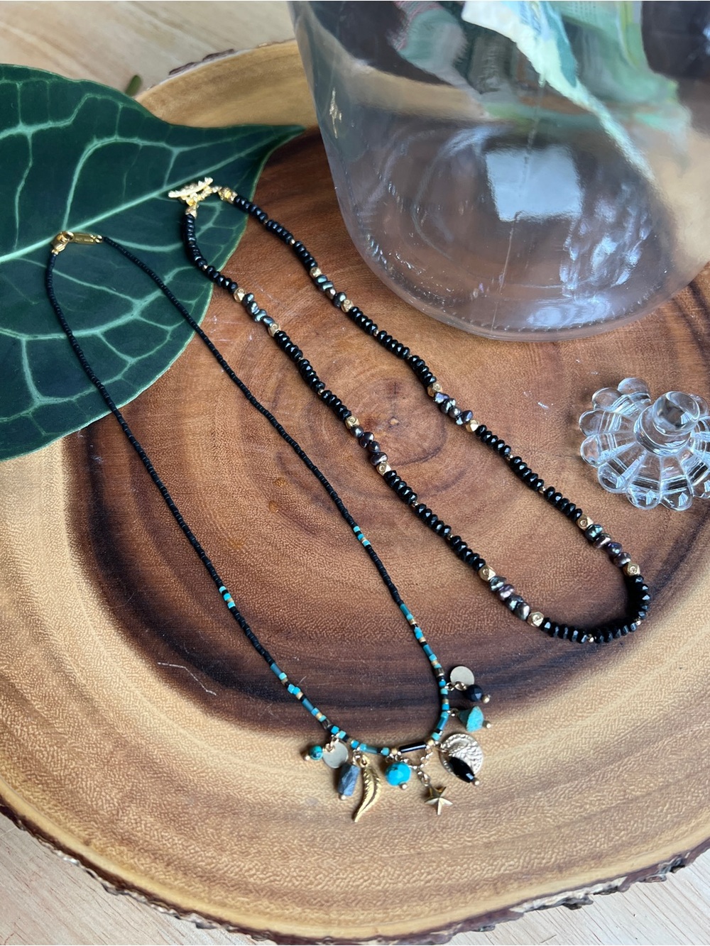 Set of Two. Gold and Pearl with Black Onyx & Turquoise Beaded Charm Necklaces